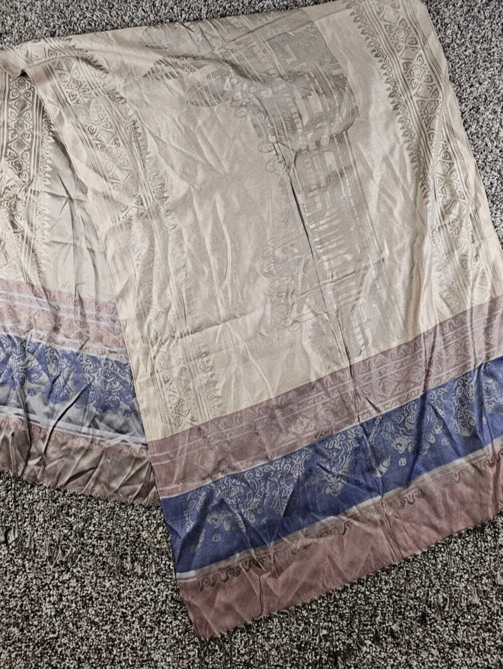 Vintage Cambodian 100% Silk Shawl Scarf Beige Brown Purple Striped Boho